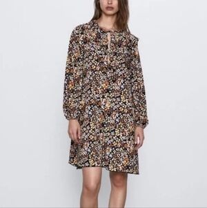 Zara Dainty Floral Cottage Long Sleeve Mini Swing Dress - Size Small